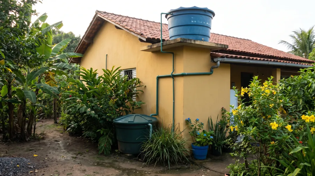 Corte de uma casa com cisterna, bomba, caixa d'água no telhado e a tubulação até as torneiras