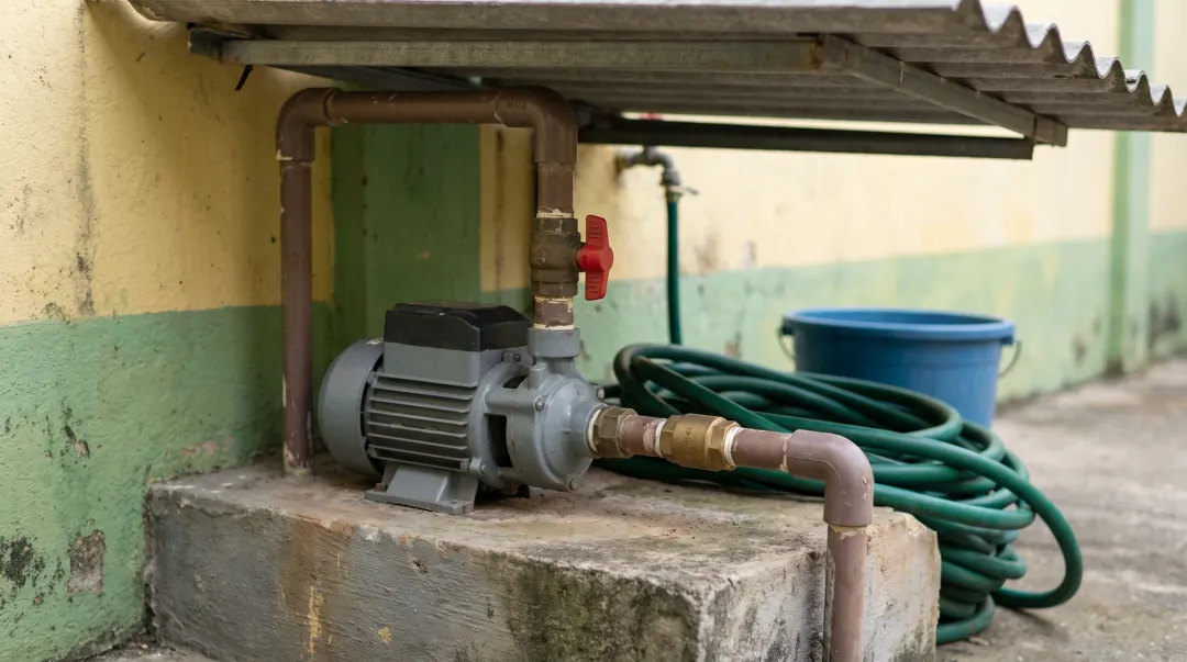 Bomba d'água ao lado de uma cisterna, com o cano de recalque subindo para a caixa d'água no telhado