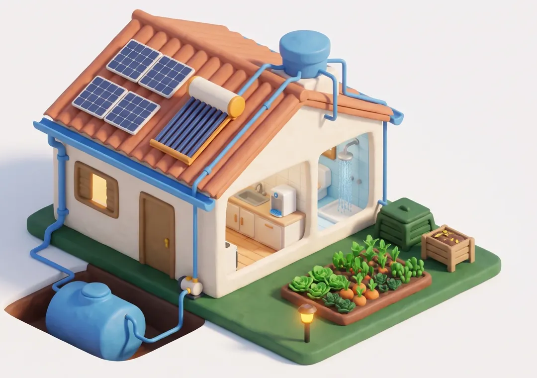 Ilustração em corte de uma casa com placas solares, aquecedor solar, caixa d’água, calha, cisterna enterrada, bomba, purificador na cozinha, horta e composteira