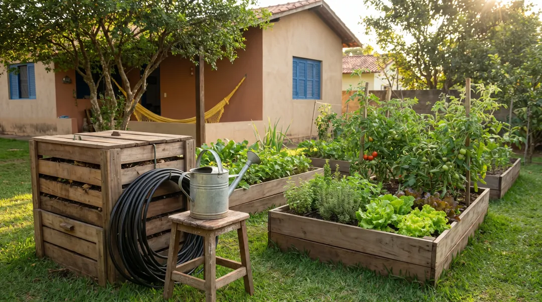 Quintal com composteira de caixas, canteiro de horta e varal ao sol