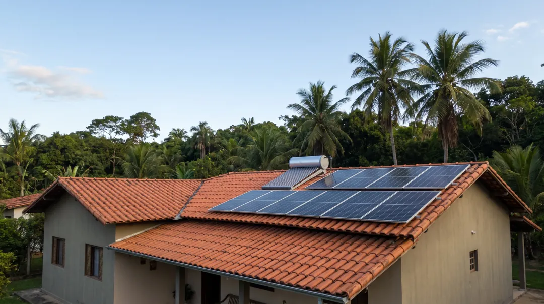 Telhado de casa com placas solares fotovoltaicas e um aquecedor solar de água