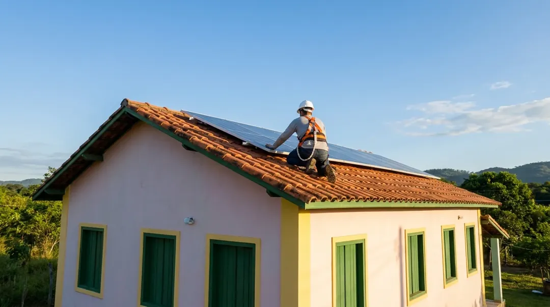 Casa com placas solares no telhado e gráfico de retorno do investimento